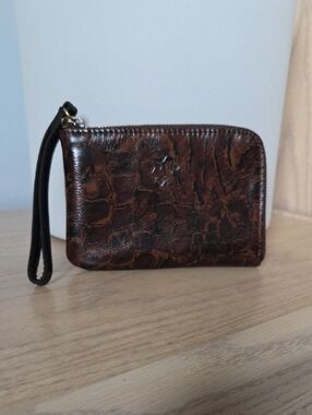 Patricia Nash Dark Brown Leather Wristlet Clutch w Snakeskin Pattern